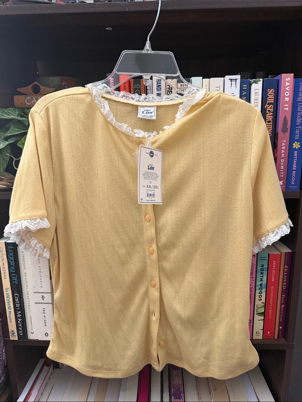 Lee Yellow Button-Front Top with White Lace Trim